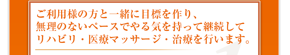 ご利用様の方と一緒に目標を作り、無理のないペースでやる気を持って継続してリハビリ・医療マッサージ・治療を行います。