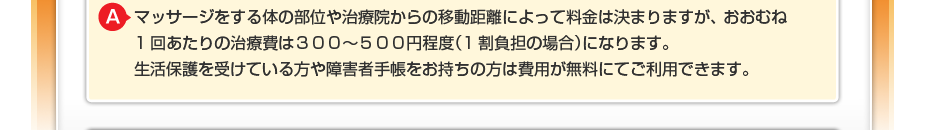 マッサージをする体の部位や治療院からの移動距離によって料金は決まりますが、 おおむね1回あたりの治療費は３００～５００円程度（1割負担の場合）になります。 生活保護を受けている方や障害者手帳をお持ちの方は費用が無料にてご利用できます。